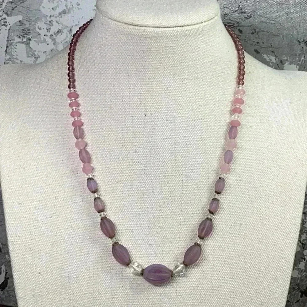 Glass Vintage Purple and Pink Swirl Beads and Crystal Necklace